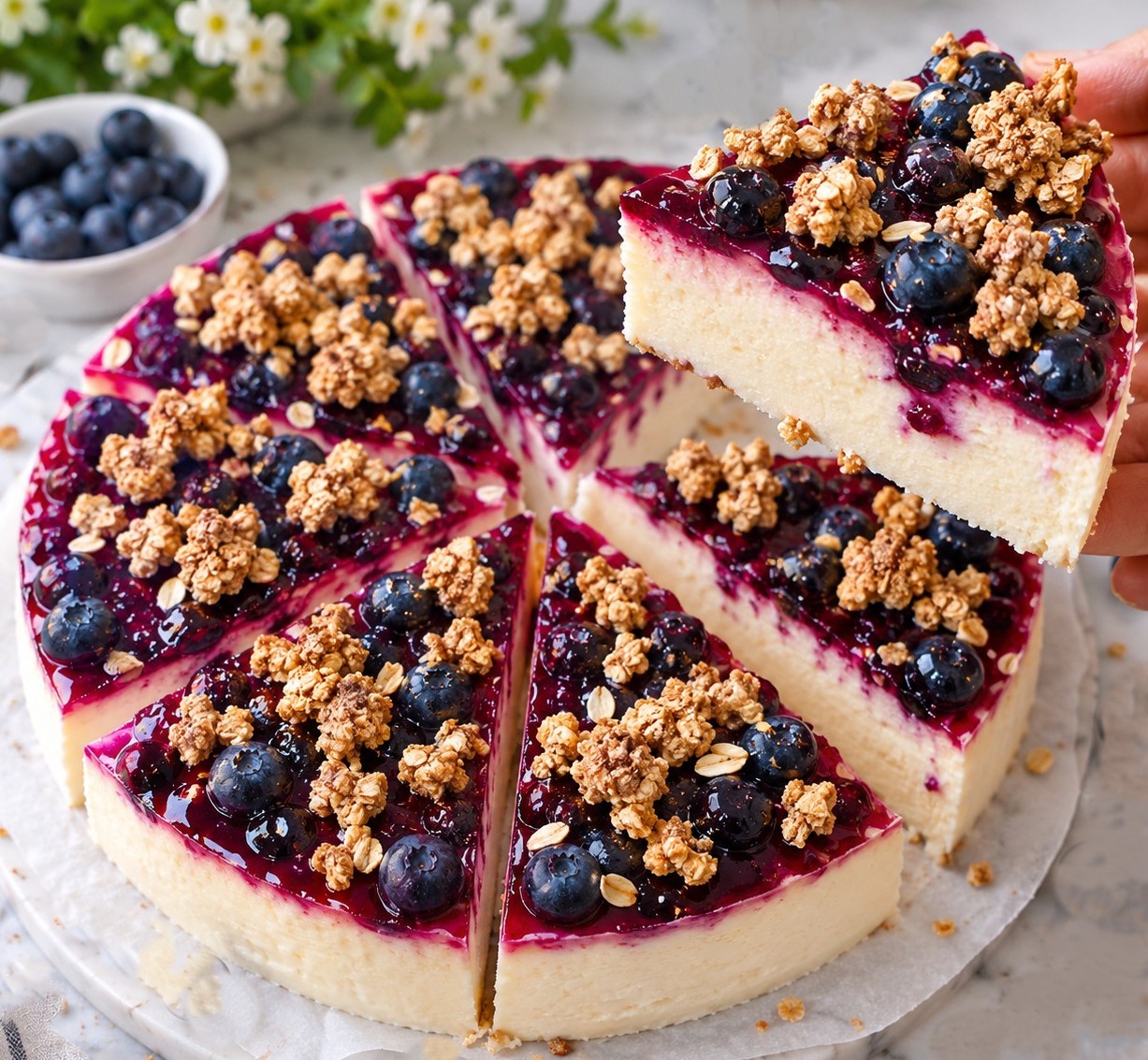 Round blueberry muffin cheesecake topped with fresh blueberries and cinnamon crumble, with a slice lifted by hand