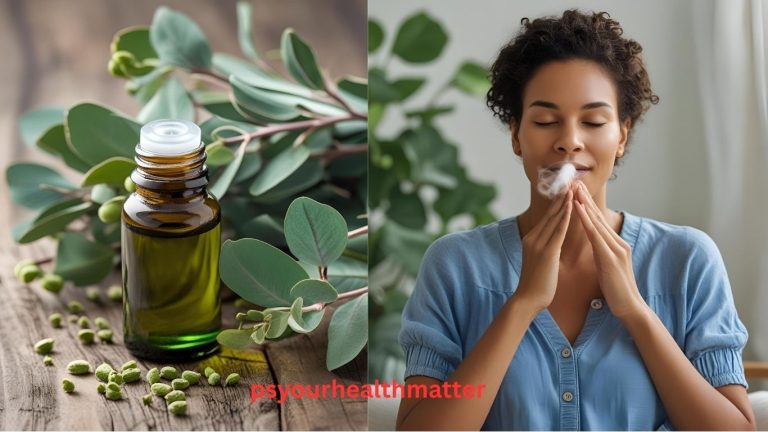 Bottle of eucalyptus essential oil with fresh eucalyptus leaves