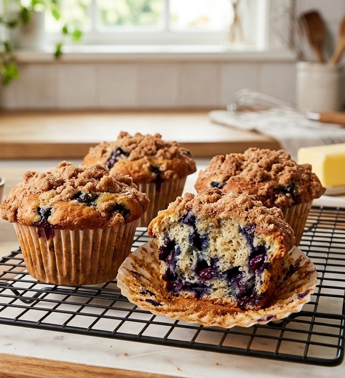 Healthy Lemon Blueberry Muffins with Cinnamon-Butter Crunch