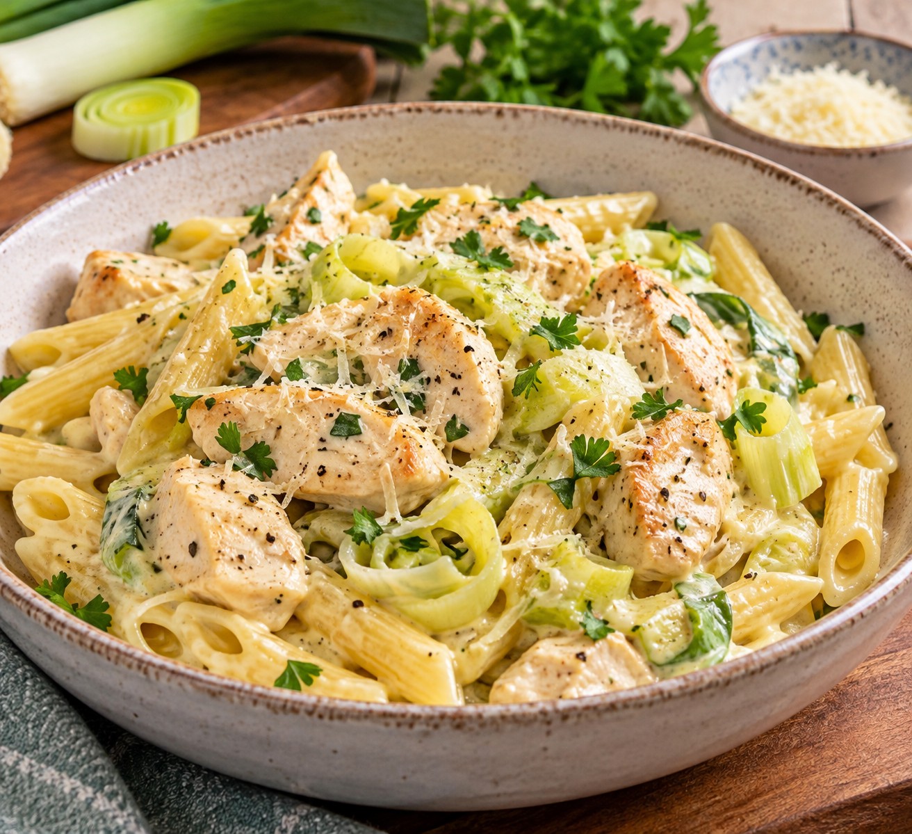 Creamy Chicken and Leek Pasta with Greek Yoghurt (Easy Healthy Dinner).