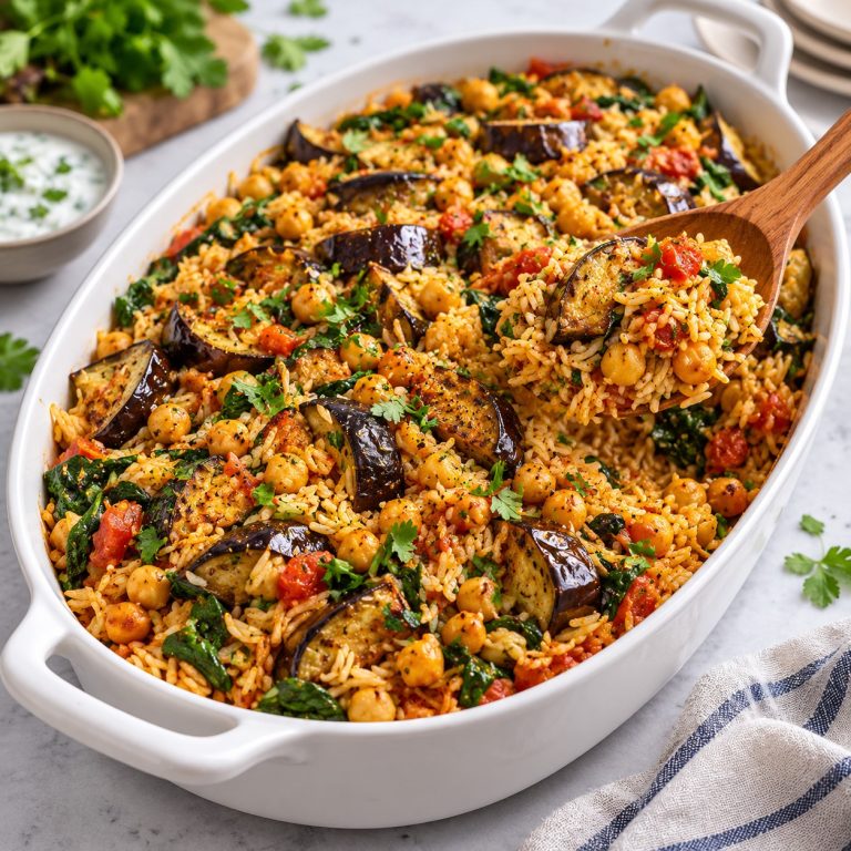Spiced chickpea and vegetable rice with roasted aubergine, cauliflower and kale