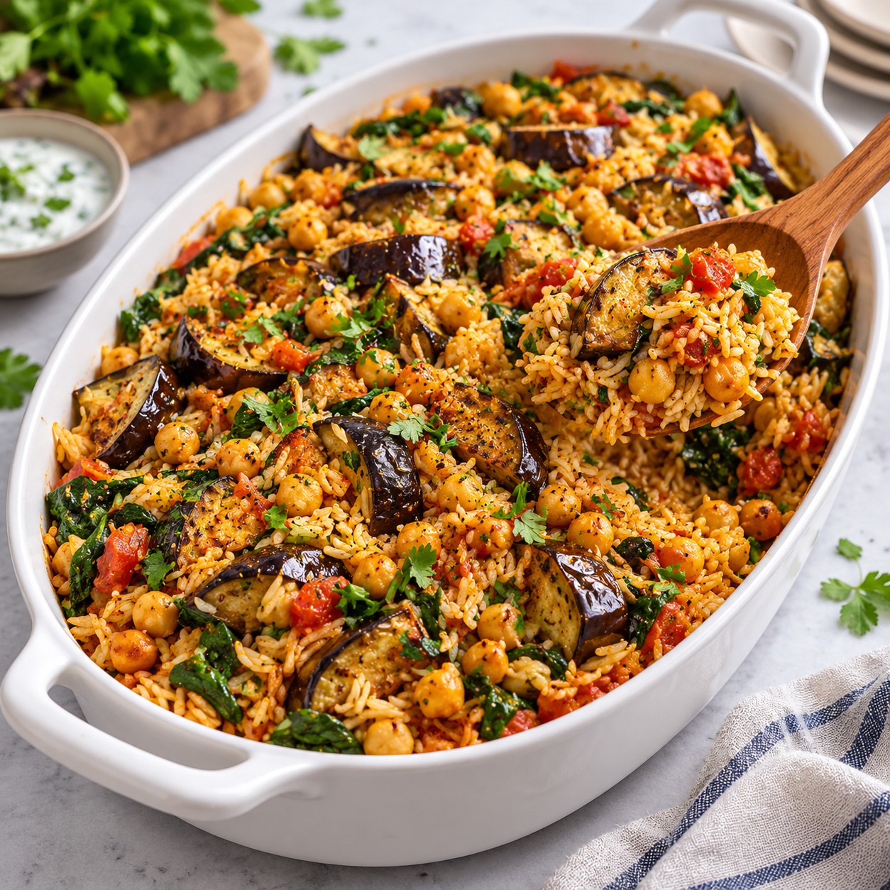 Spiced chickpea and vegetable rice with roasted aubergine, cauliflower and kale