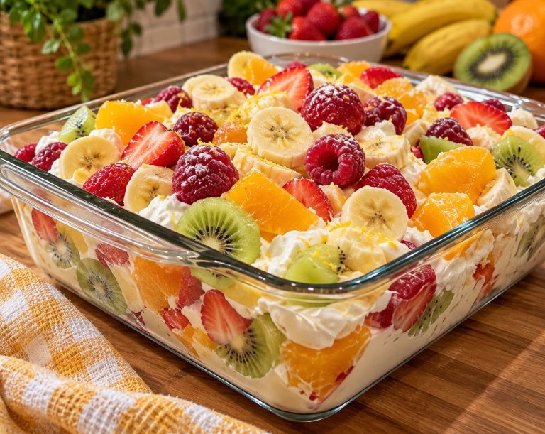 Make this easy creamy fruit salad recipe with fresh fruit and Greek yoghurt. A colourful, refreshing no-bake dessert perfect for sharing.