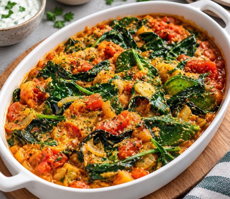 Creamy tomato, spinach and red lentil curry with diced carrots served in a white ceramic bowl