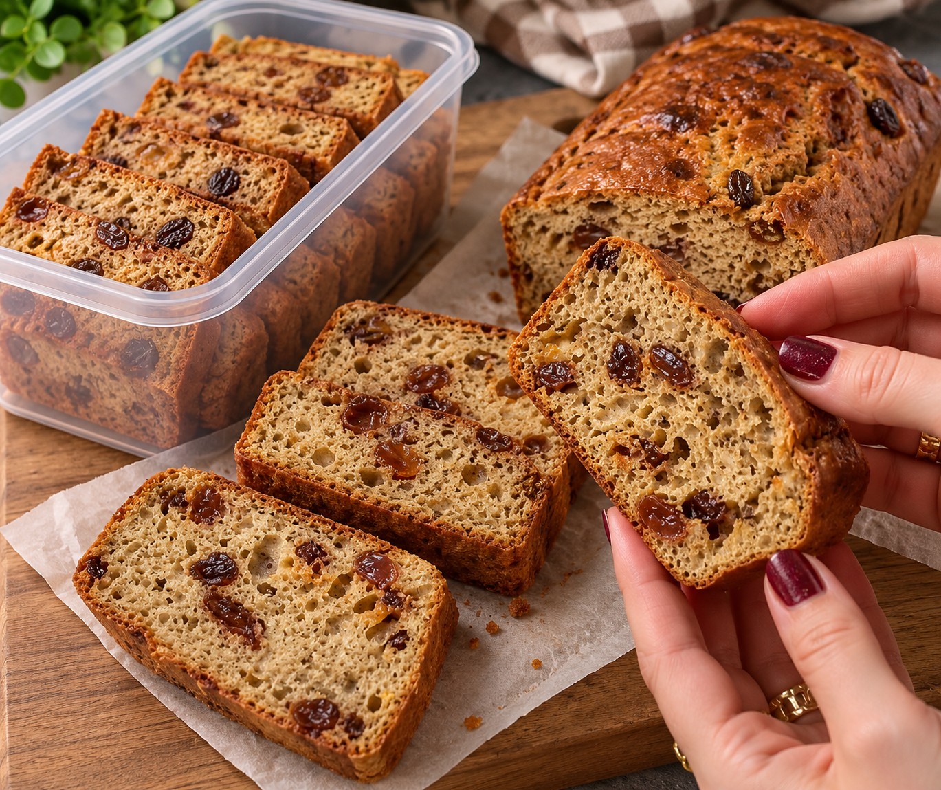 Healthy Weetabix cake with raisins sliced on a wooden board, showing the soft fruit-filled centre.