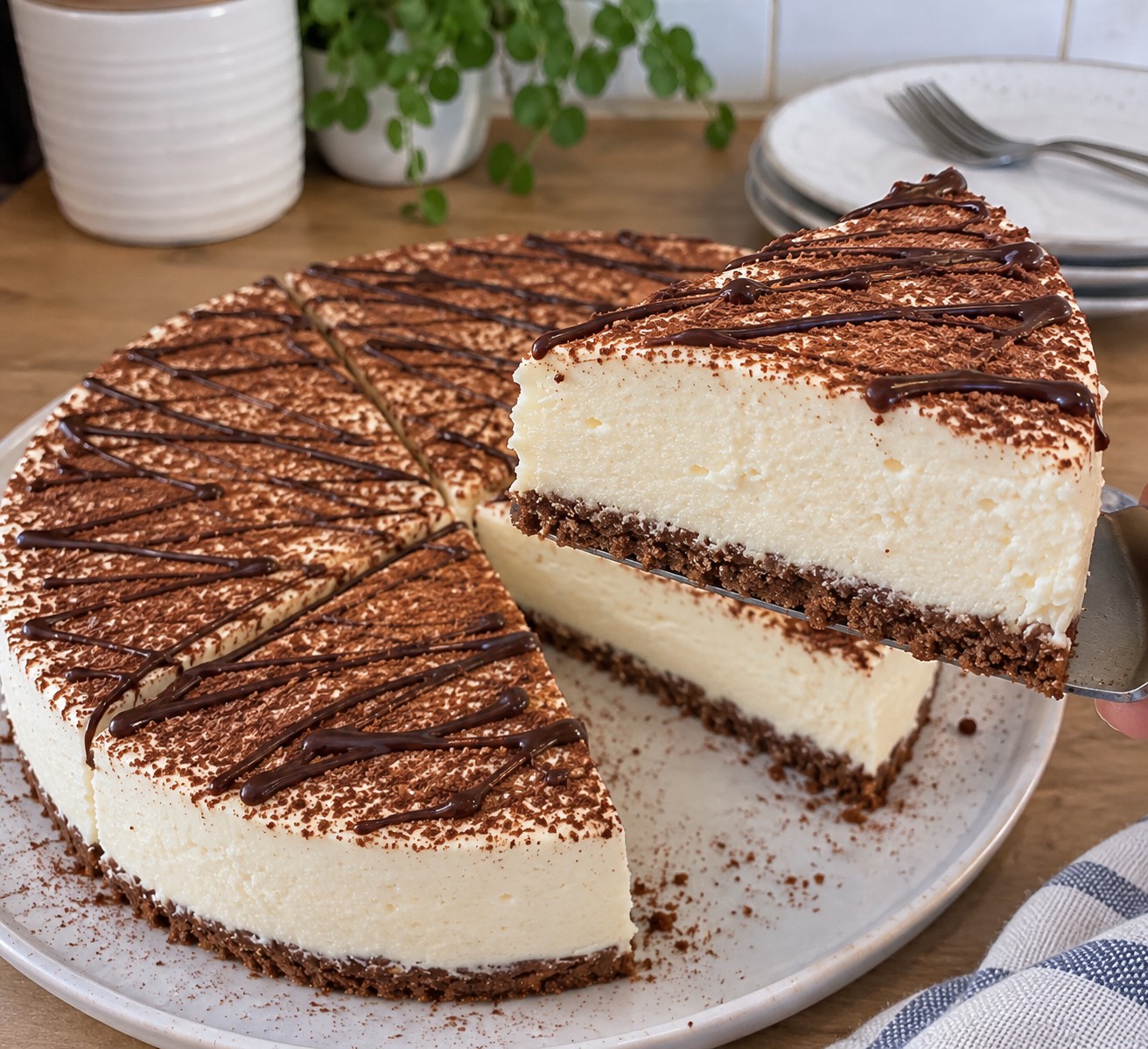 No-bake chocolate vanilla cheesecake with a thin chocolate biscuit base, creamy white filling and a slice lifted on a cake server
