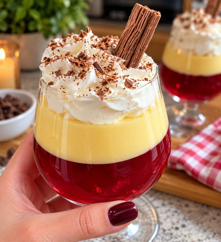 Strawberry and chocolate trifle pots with jelly, custard and a creamy topping